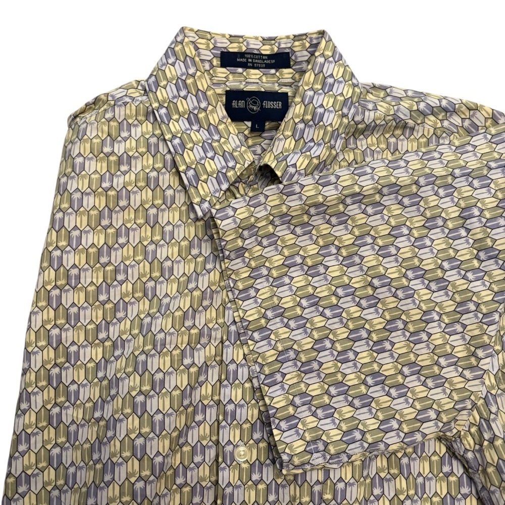 ALAN FLUSSER Mens L Hawaiian Shirt Palm Tree Geometric Short Sleeve Button Up